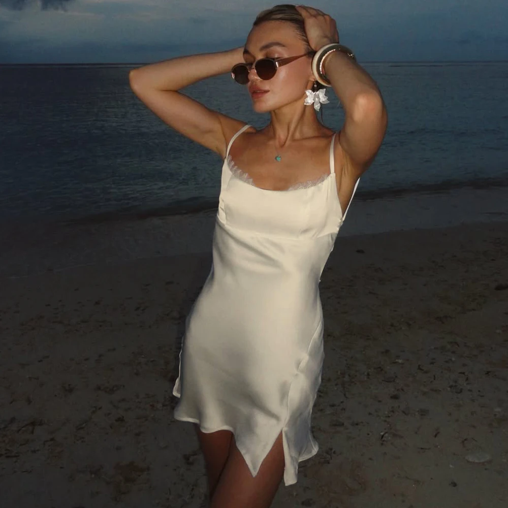 Women's Elegant Satin Dress - Backless Lace Party Dress