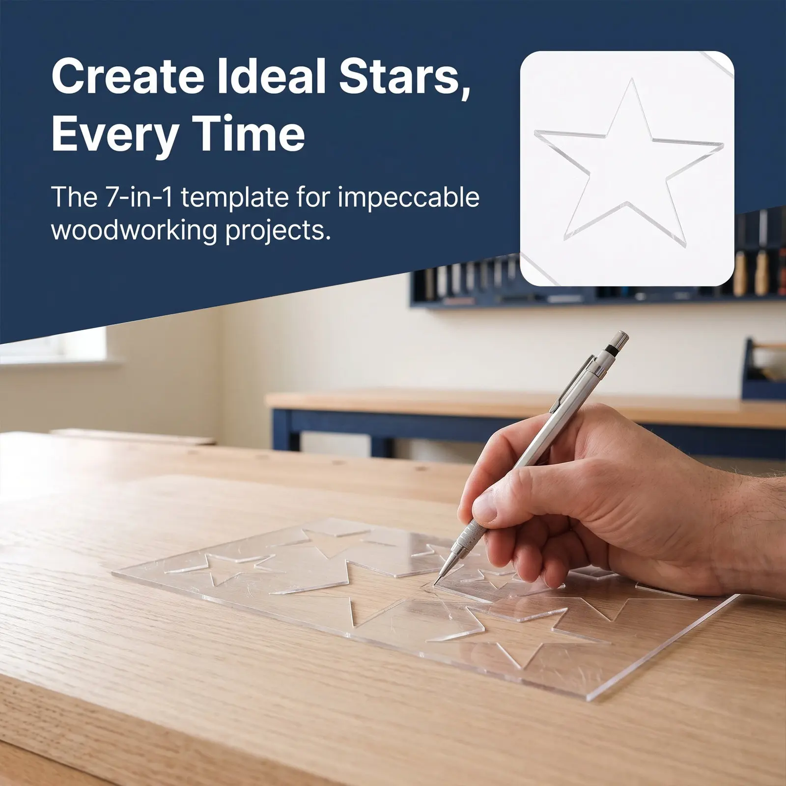 7 in 1 Star Router Template Acrylic Clear Thick Guide Scale 7x4.7 Inch Woodworking Router Template Woodshop DIY Wood Craft Inlay