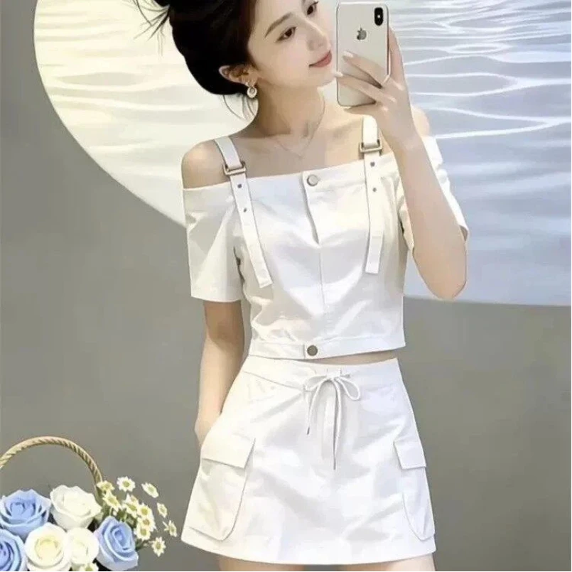 Fashion Set Skirt Women's 2026 Summer One Piece Collar Shoulder Strap Short Sleeve+Short Skirt Two Piece Set