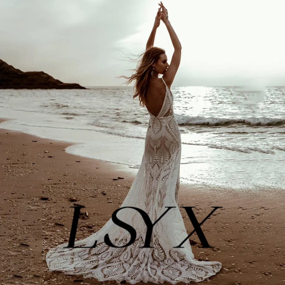 LSYX vestido de novia de sirena con cuello en V de encaje con tirantes finos para playa, espalda abierta, Sexy, largo hasta el suelo, hecho a medida