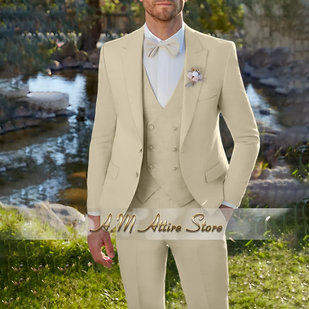 

Premium men's suit 3-pcs peak lapel jacket vest pants slim fit custom set business meeting wedding groom's party formal events