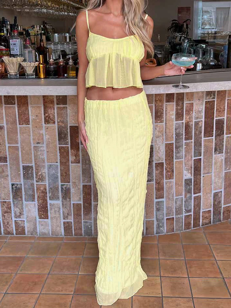 Top corto plisado sin mangas con tirantes para playa, vestido Maxi de fiesta de vacaciones de verano, conjunto de 2 piezas de retazos de Color sólido