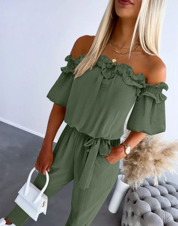 Casual Overall for Women 2024 Summer Puff Sleeve Plain Slash Collar Off Shoulder Frill Hem Tied Detail High Waist Jumpsuit