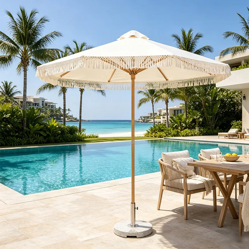 HYS Outdoor Parasol French Tassel Parasol Garden Sunscreen Leisure Beach Umbrella Beige Sunshade Central Column Umbrella