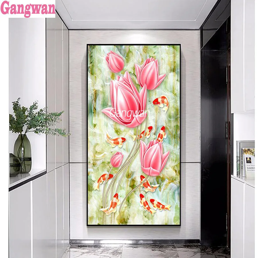 Tulip porch picture Diamond Painting fish koi DIY Diamond Embroidery,Cross Stitch,diamond Mosaic Sale full square round drill