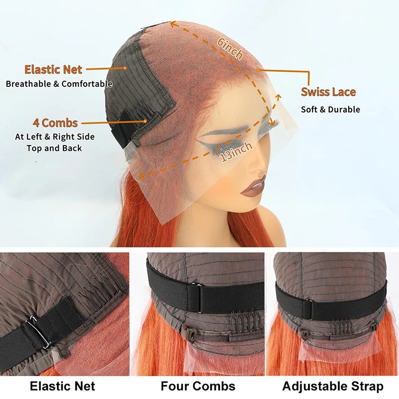 13x6 Оранжевый Рыжий Кость Прямые Парики Фронта Шнурка Человеческих Волос 38 Дюймов Прозрачный 13x4 Парик Фронта Шнурка Предварительно Сорванные Для Женщин