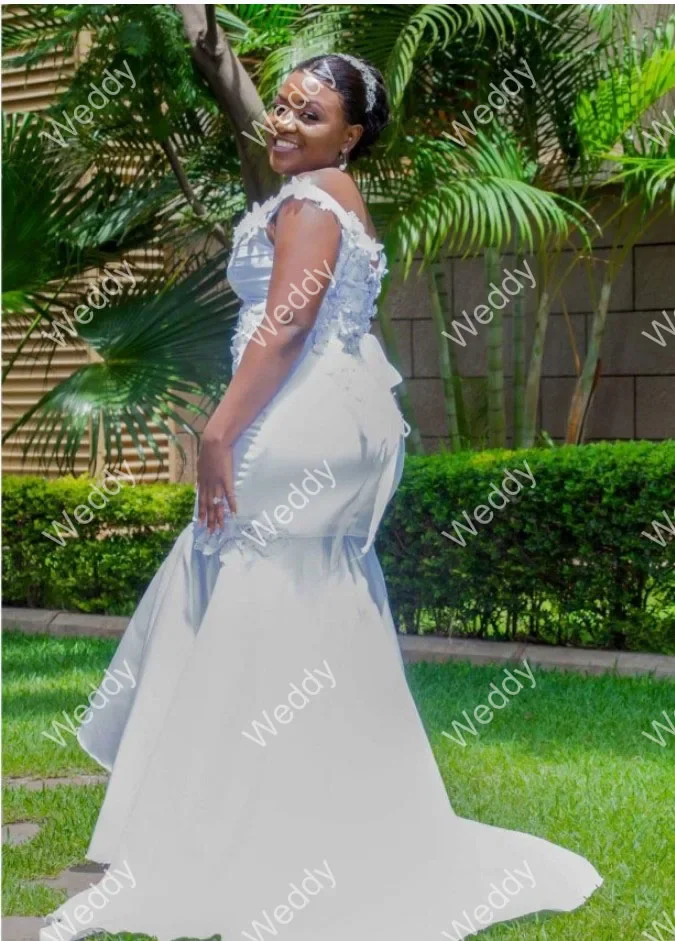 Impressionante fora do ombro vestidos de sereia africana robes de mariage varredura trem jardim sem mangas apliques vestidos de noiva