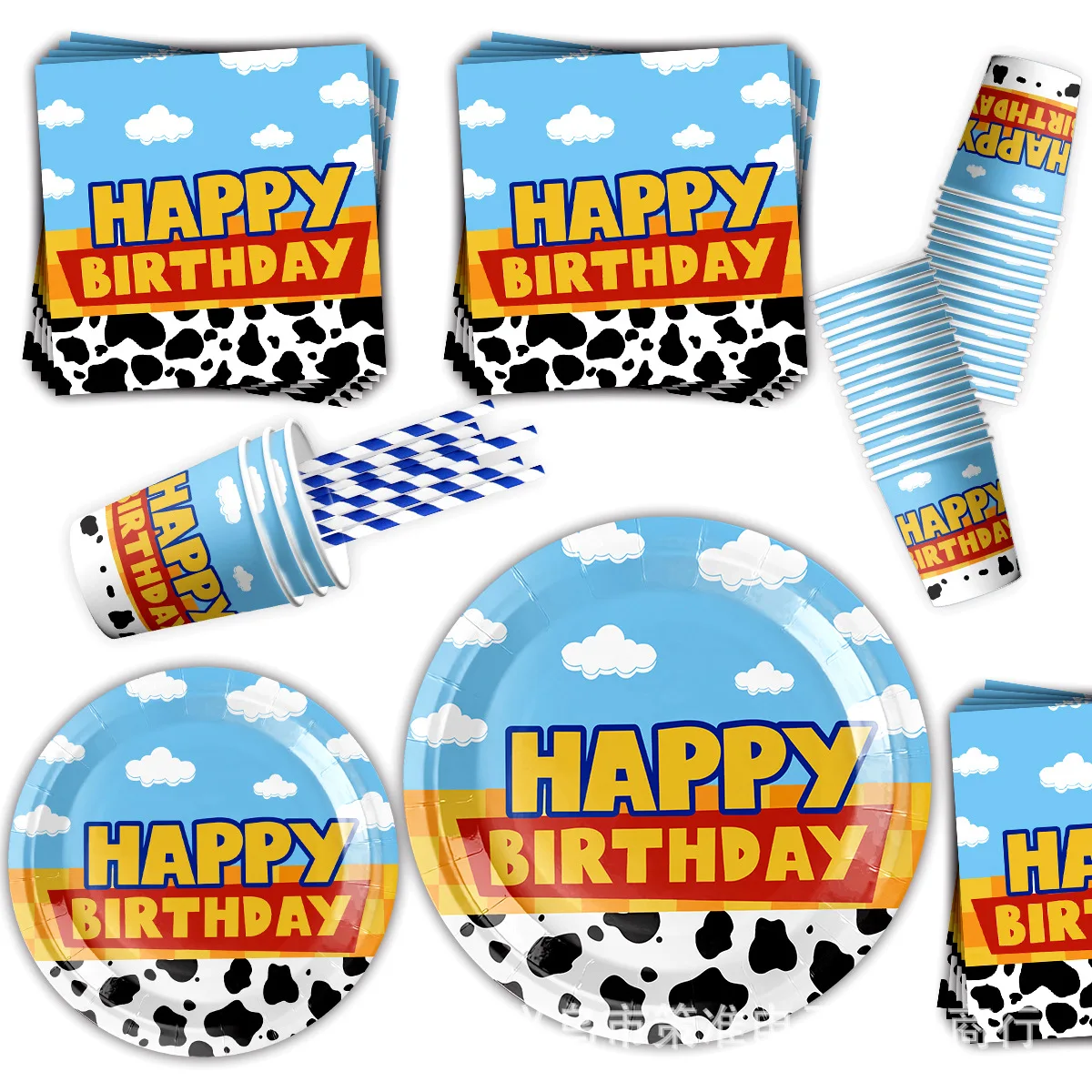 Cartoon Toy Party Supplies Cow Pattern Table Cover Blue Sky and White Cloud Tablecloths for Kids Boys Birthday Decorations