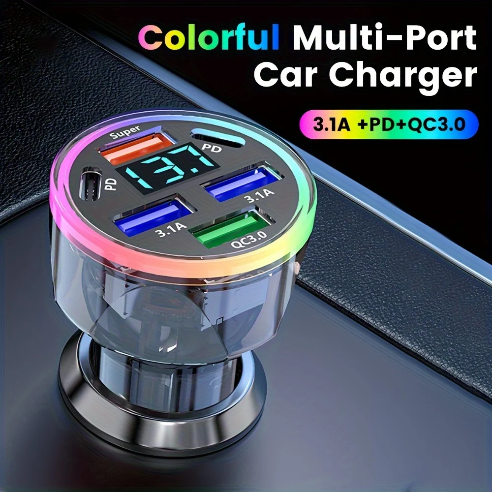

Автомобильное быстрое зарядное устройство 100 Вт с цифровым дисплеем, многопортовый цветной адаптер USB Type-C для прикуривателя для iPhone Huawei Samsung Qc3.0