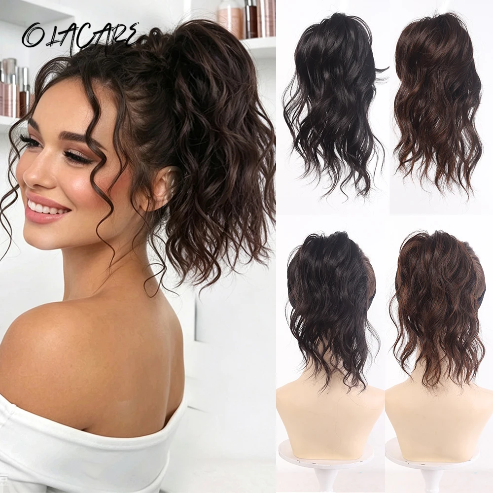 Bun Chignon with Rubber Band Fluffy Hairpiece Synthetic Short Curly Wavy Black Ponytail Extensions Wig for Women Daily Party Use