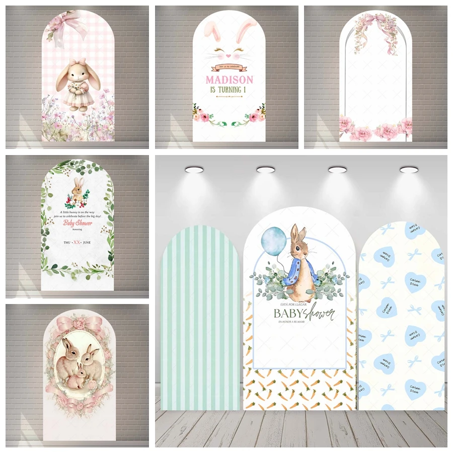 

Cartoon Peter Rabbit Party Backdrops Arched Baby Shower Flower Children's Birthday Decoration Custom Backgrounds For Photographs