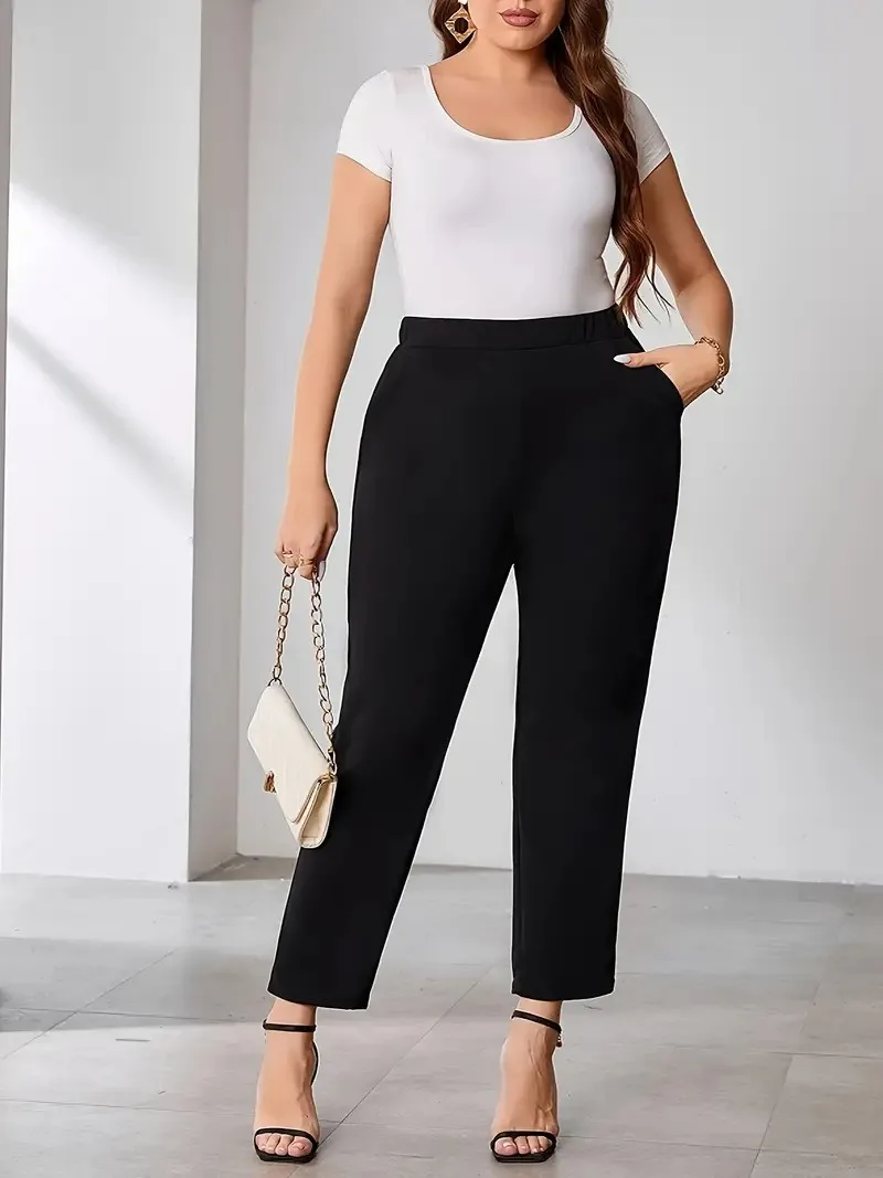 GIBSIE Plus Size Black Trousers for Women Fashion 2024 Spring Summer Elastic Waist Office Ladies Casual Pants with Pockets