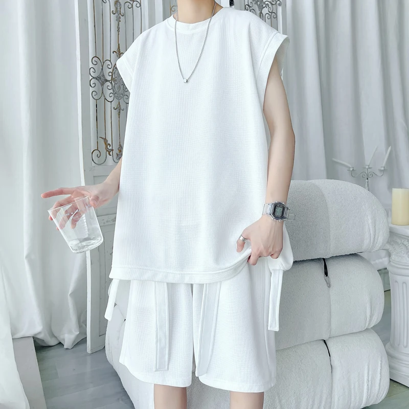 

Summer Solid Color Sleeveless Vests Sets Men Loose Casual Sportswear Suit Mens O-Neck Waistcoat Jogging Fitness Vest Sets 5XL