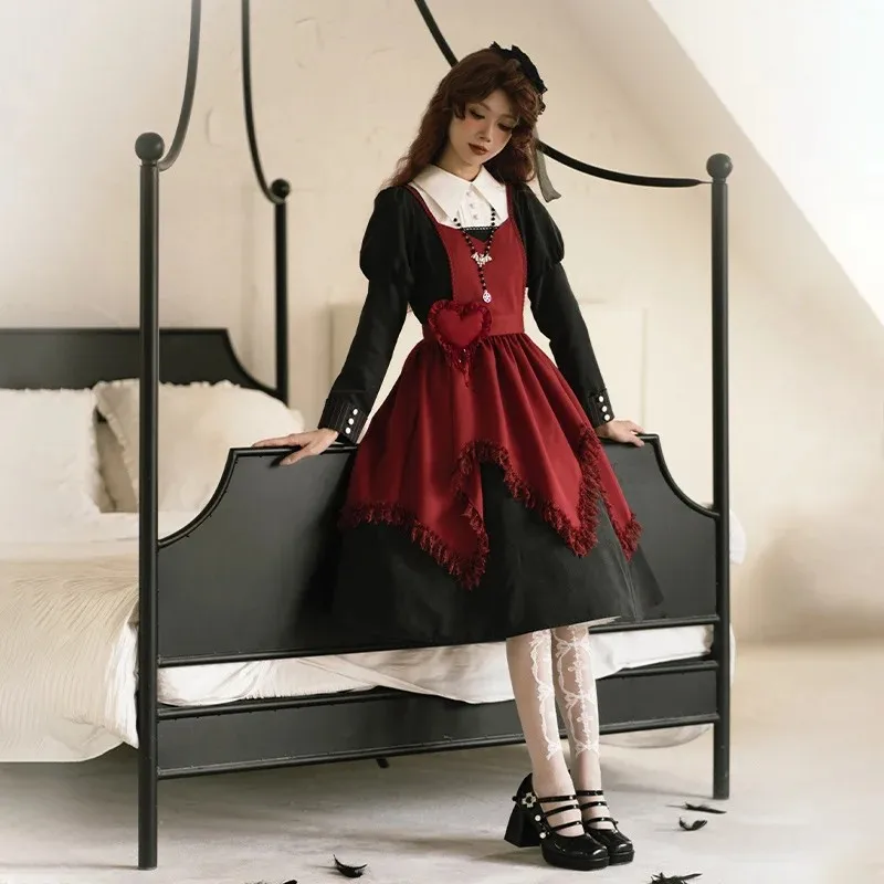 Witch OP Dress Halloween Costume Dark Gothic Nun Style Long Sleeve Dress Elegant Lolita Dress With Cross Necklace