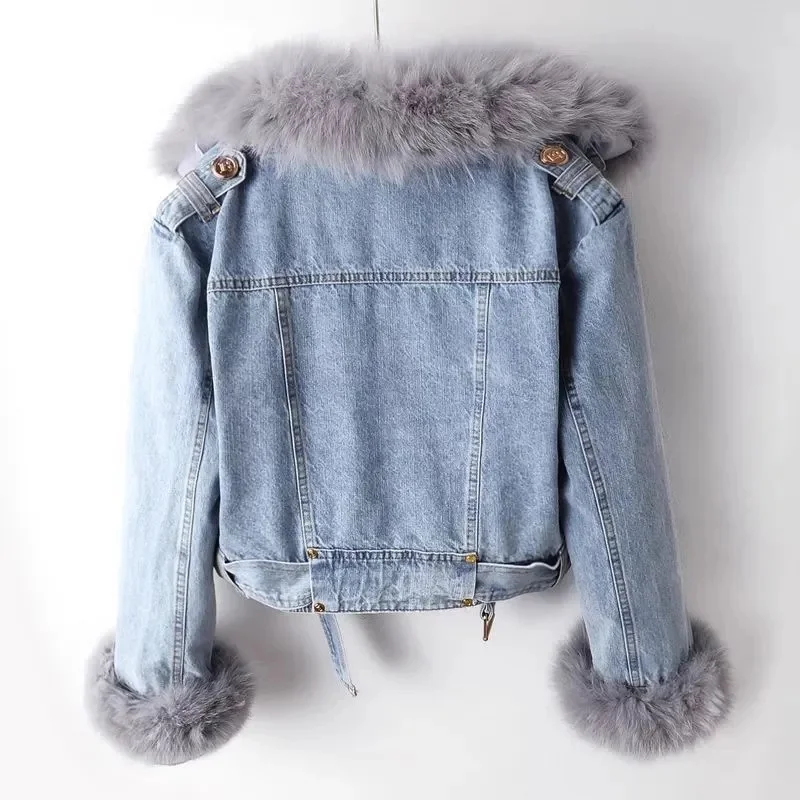 Winter Denim Jacket With Women's Fleece Warm Cowboy Coat New Detachable Imitation Fox Rabbit Fur Inner liner Short Denim Jacket