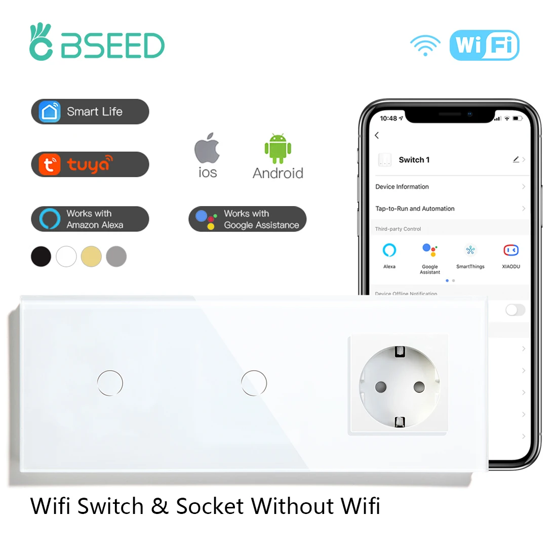 

Сенсорные выключатели BSEED 1 + 1 с Wi-Fi, умный настенный высветильник ель, стеклянная сенсорная панель, Tuya Smart Life, Google Alexa, управление через приложение, с европейской розеткой