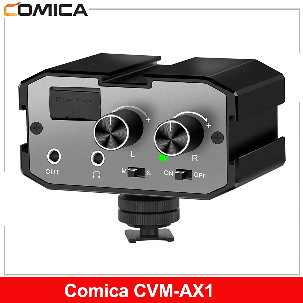 Comica CVM-AX1 DSLR محول الصوت ميكروفون محول خلاط الصوت مع مراقبة في الوقت الحقيقي قنوات مزدوجة 3.5 مللي متر ميناء كاميرا خلاط