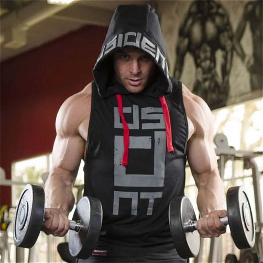 Hooded Tank Tops Men Summer Gym Fitness Hoodies Sleeveless Shirt Male Bodybuilding Cotton Singlets Joggers Sports Vest Clothing