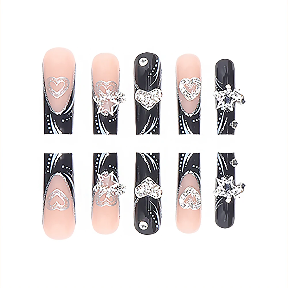 Y2K Sweet Cool Girl Black French Long Wear Nail Nail Patch Glitter Love Star Europe Dark Party Halloween Odpinany plaster paznokci