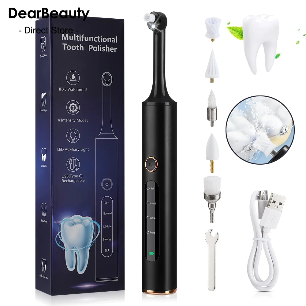 Electric Tooth Polisher Rechargeable Teeth Whitening Cleaner Kit Dental Plaque Tartar Remover 4 Modes Dental Polisher with LED