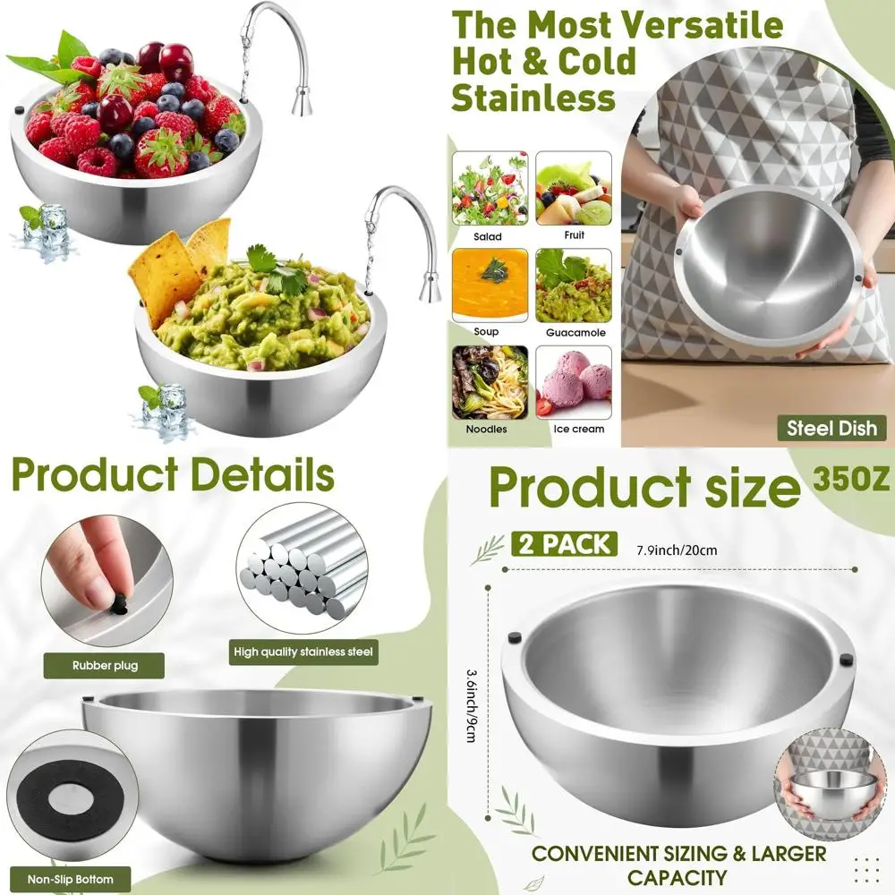 Tazón de Hielo de Acero Inoxidable con Doble Pared Aislada, 35 oz, Perfecto para Servir Salsa, Guacamole, Ensaladas y Más en Fiestas