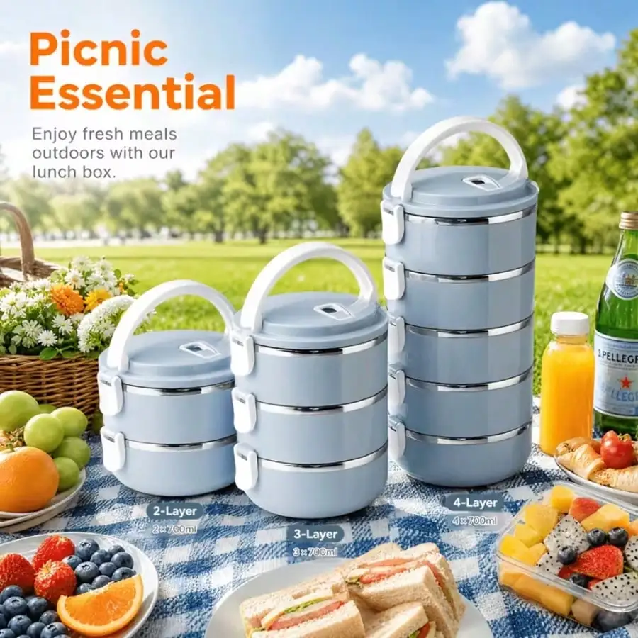 Stainless Steel Insulated Lunch Box, Stackable Multi-Tier Food Container, Leakproof Bento Box With Handle For Office & School