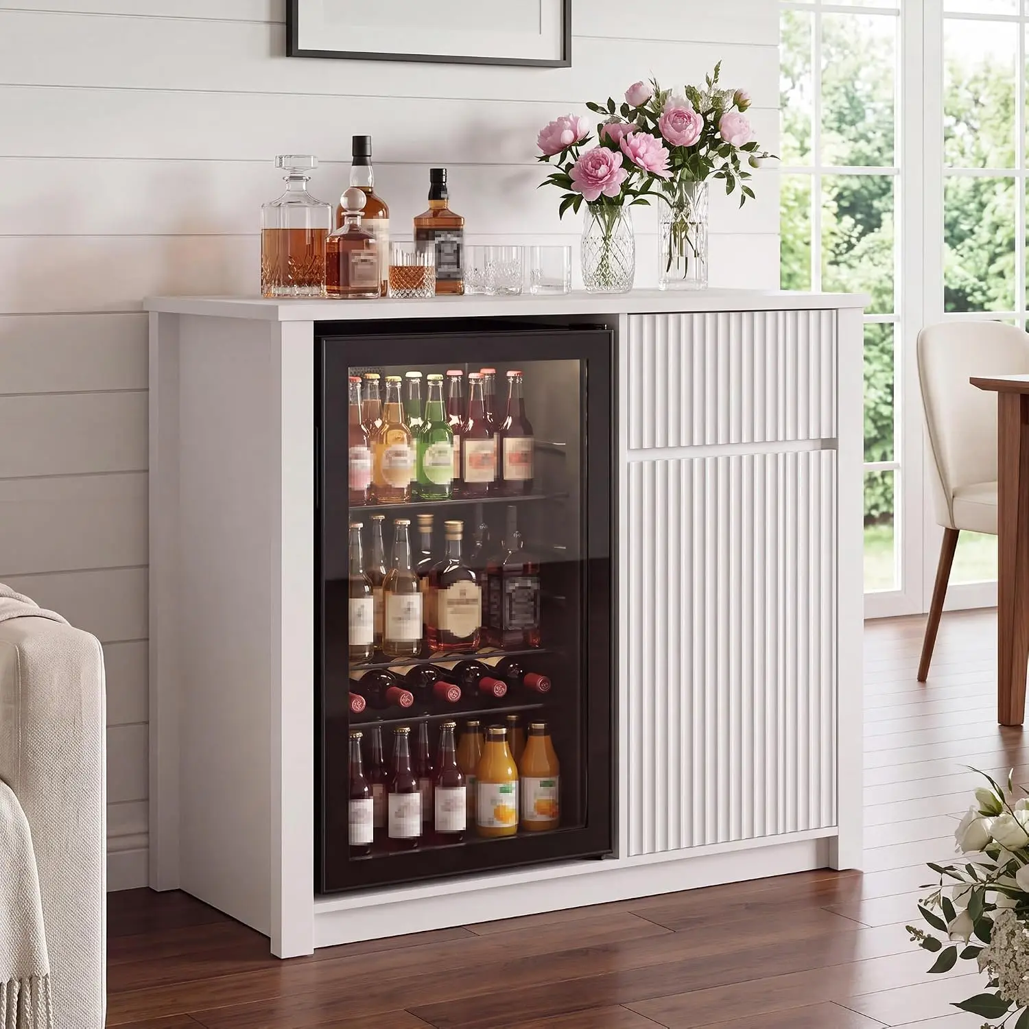 Mini Fridge Cabinet with Storage & Power Outlet, Coffee Bar Cabinet, White, Customized