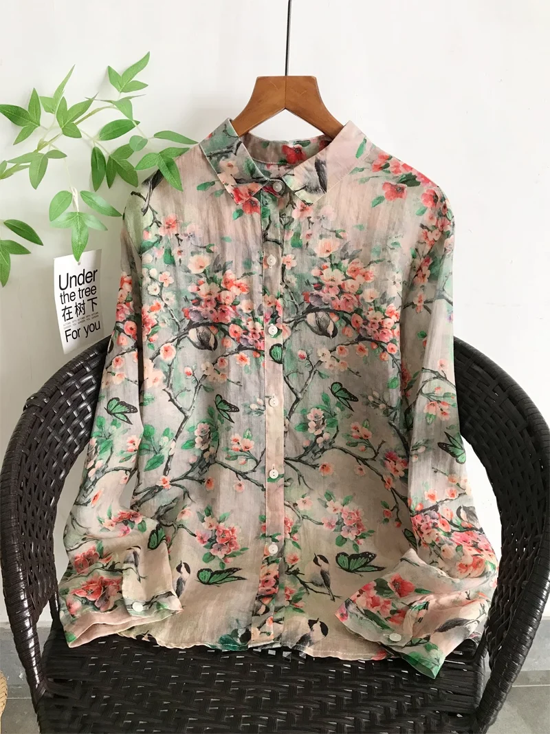 

Middle aged women clothing Chinese style ramie wintersweet print shirts and blouses for women ramie long sleeve tops