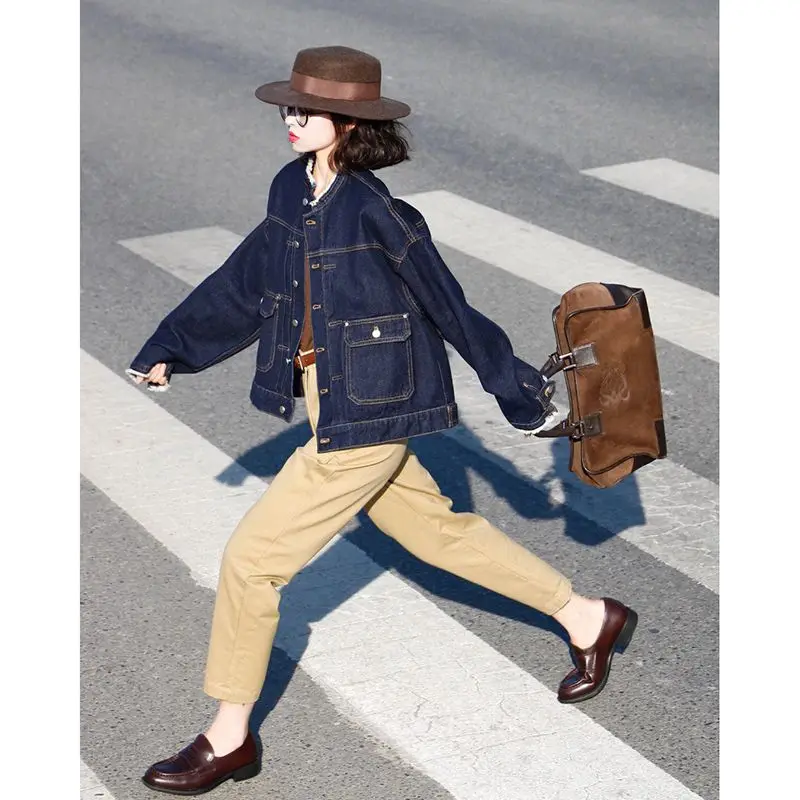 

Однобортное синее джинсовое пальто с круглым вырезом и пряжкой, женская верхняя одежда в уличном стиле, женская одежда с длинными рукавами, однотонная куртка