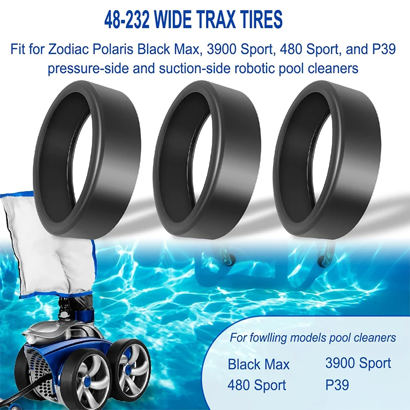 3 PCS 48-232 Replacement Wide Trax Pool Cleaner Tires Parts Kit for Polaris 3900 Sport, 480/P39 Pool Cleaners, Tool-Free Install