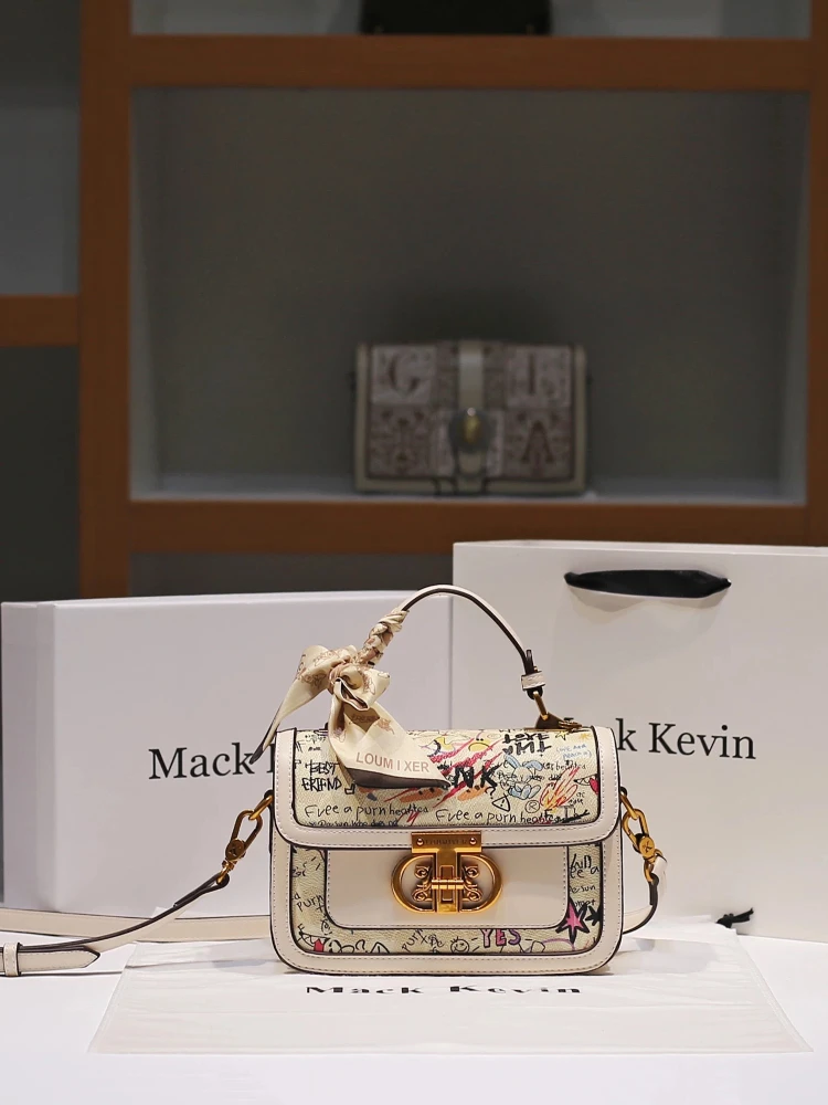 Luxury and Vintage Handheld Square Bag with Popular Cartoon Graffiti and High Quality Leather 2026 Women's Fashion Crossbody Bag
