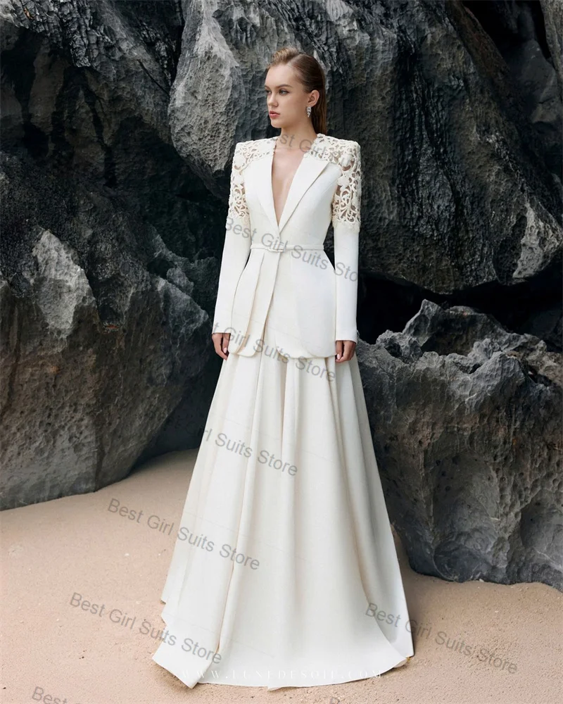 

White Women Suit Skirt Set 2 Pcs Lace Blazer Prom Dress Fall Autumn Cotton Formal Office Lady Jacket Customized Wedding Tuxedos