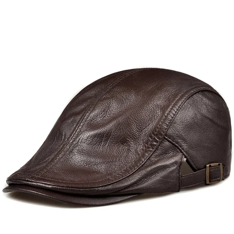 Outdoor Unisex Genuine Leather Duckbill Boina Thin Berets Hats For Men/Women Leisure Black/Brown 54-61cm Fitted Cabbie Bonnet