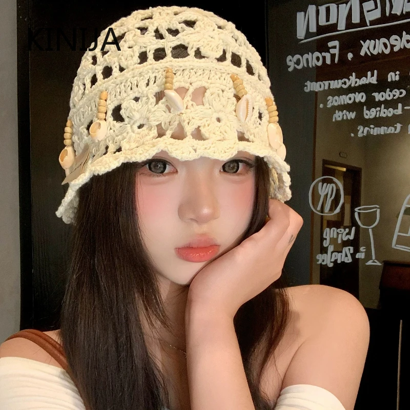 Korean Cute Sweet Crochet Hollow Knitted Hat Beaded Shell Tassel Beanies Cap Women Summer Travel Breathable Versatile Pullover