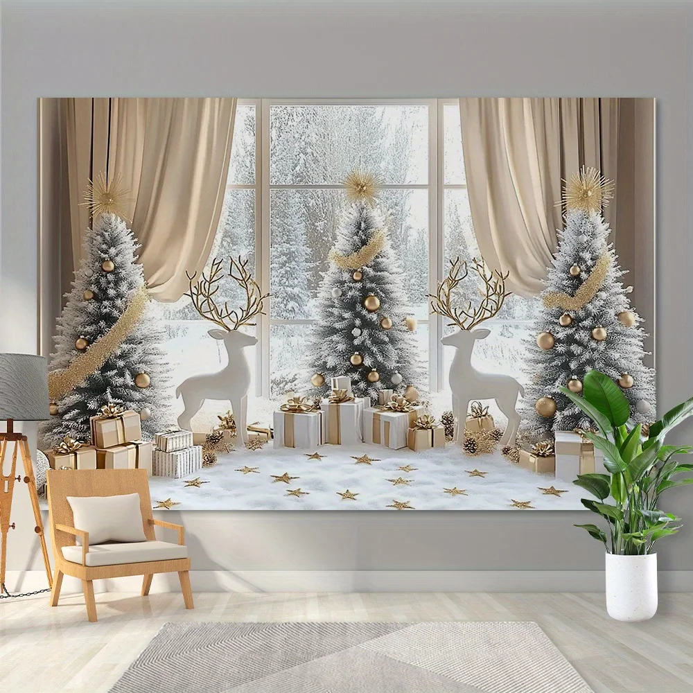 VIKAMA American Christmas Tapestry Snow Forest Window View Reindeer Christmas Tree Living Room Decoration