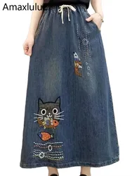 Amax luluE 2024 Cartoon Embroidery Spring Females Denim Skirts Fashion Vintage Vestidos Casual Classic Elastic Ladies Streetwear