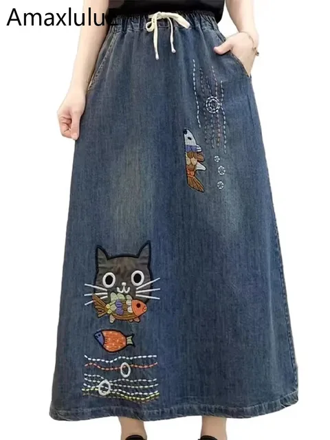 Amax luluE 2024 Cartoon Embroidery Spring Females Denim Skirts Fashion Vintage Vestidos Casual Classic Elastic Ladies Streetwear