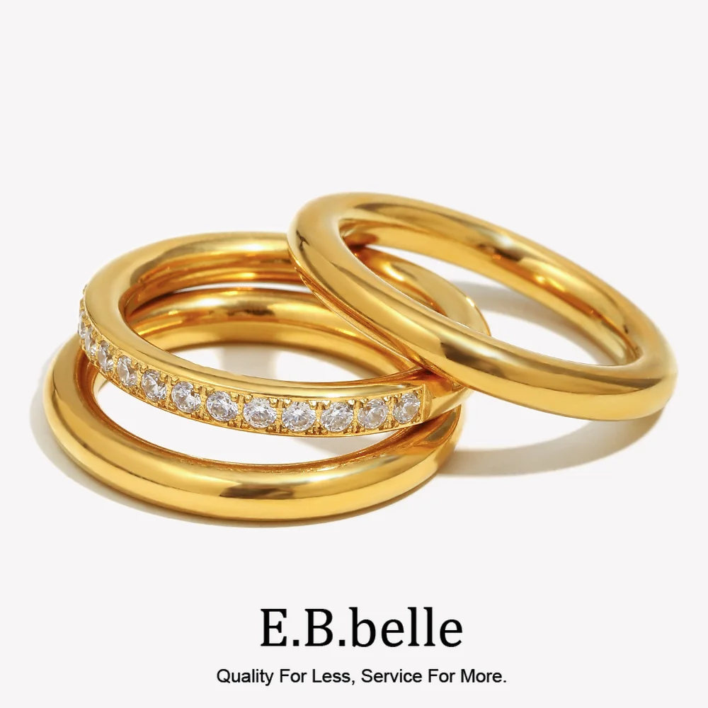 E.B.belle Zirkon-Ring, dreiteiliges Set, hypoallergen, Party, 18 Karat vergoldet, Schmuck, 316L Edelstahl, Damenring, Dekoration