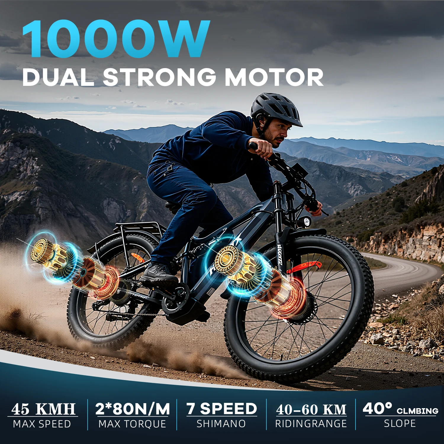 HedaTX TX29 Ebike con motore doppio da 1000W, 48V19.2Ah, pneumatici larghi 27.5×3.0, sospensione completa, freno idraulico, display LCD a colori, bicicletta elettrica per tutti i terreni