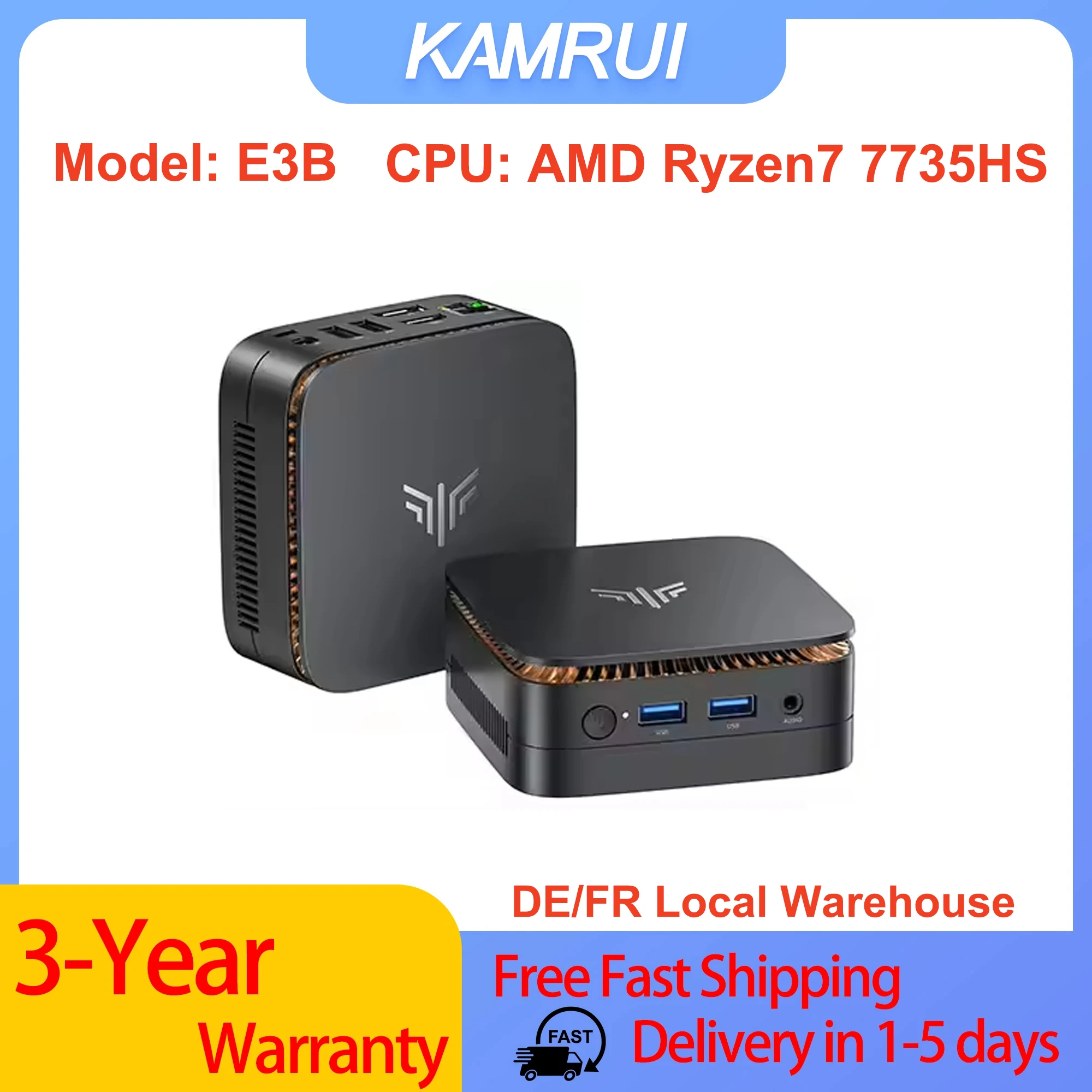 Mini PC KAMRUI E3B con AMD Ryzen7 7735HS, Máx. 4.75GHz, Wifi6, BT5.2, Win11 PRO, Gráficos Radeon, Pantalla 4K, Mini Computadora de Escritorio para Juegos
