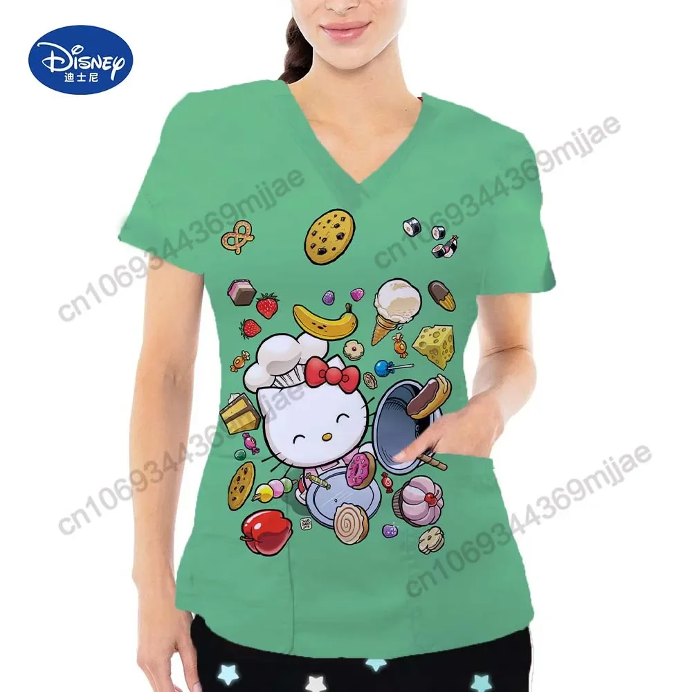 

Fashion Pocket Women's T-shirt 2023 V-neck Women's Clothing Summer Cartoon Top