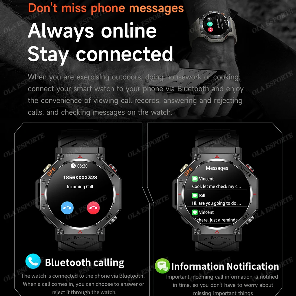 New Outdoor GPS Smart Watch for Android IOS Military Smartwatch LED Flashlight Men 3ATM Waterproof 100+ Sport Modes Built-in GPS