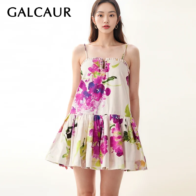 

GALCAUR Print Camisole Dresses For Women Square Collar Sleeveless Backless High Waist Spliced Ruffled Hit Color Dress Female