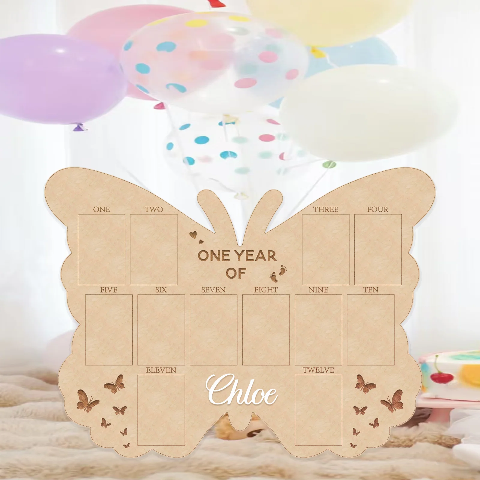 

Personalized Butterfly Baby Photo Board - Custom Name with 5 Color Options, 12 Monthly Slots (16.54"x12.28")