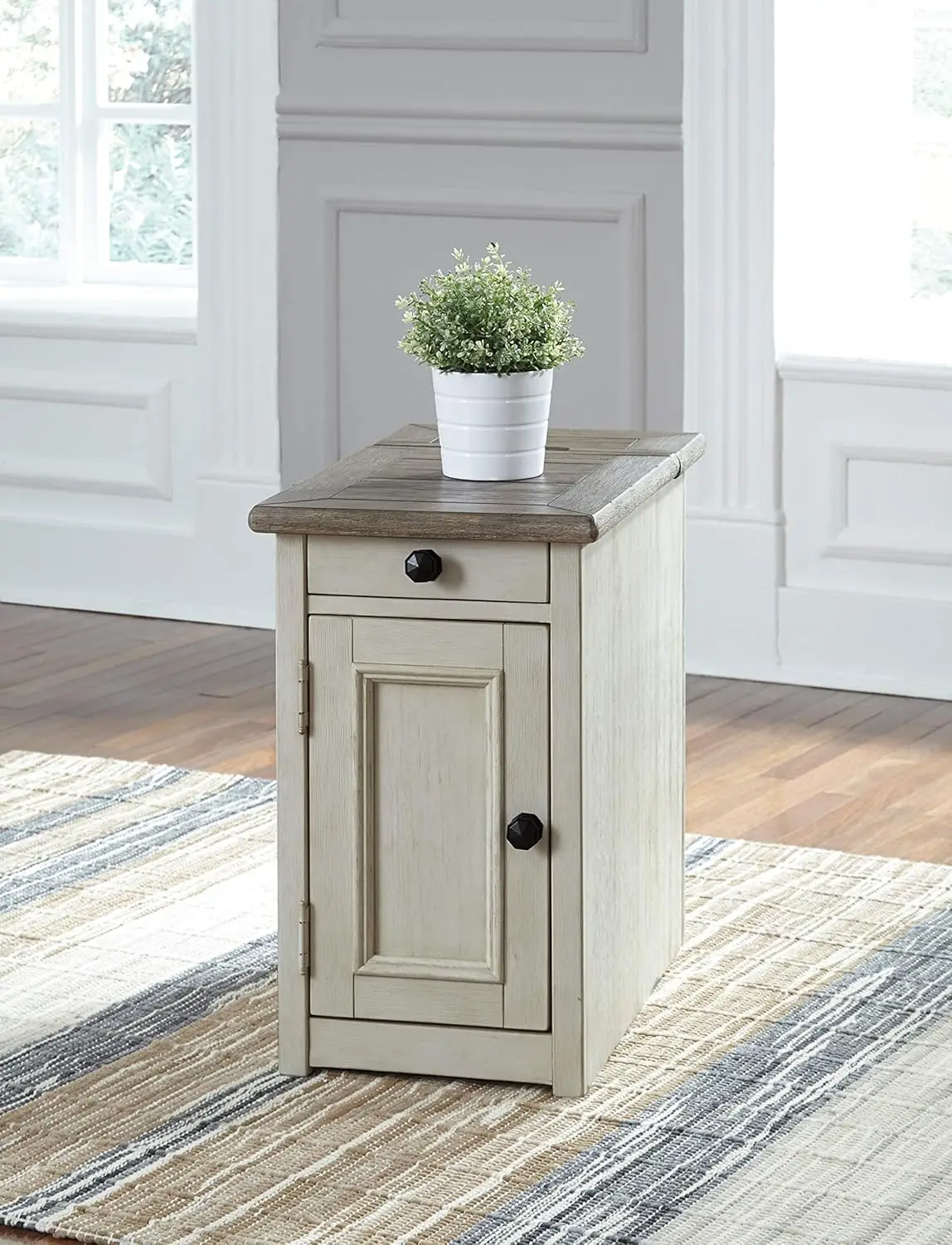 Design by Ashley Bolanburg Farmhouse Chair Side End Table with Outlets and USB Ports, Antique Cream & Brown