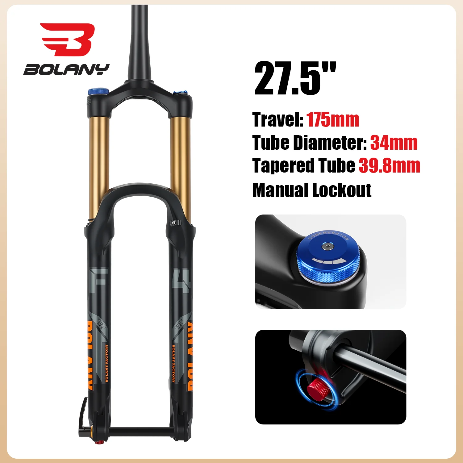 BOLANY Fahrrad-Federgabel, 175 mm, Reise-MTB-Gabel, XC DH AM Down Hill Steckachse, Boost-Gabel, Fahrrad-Rebound-Einstellung, Federung