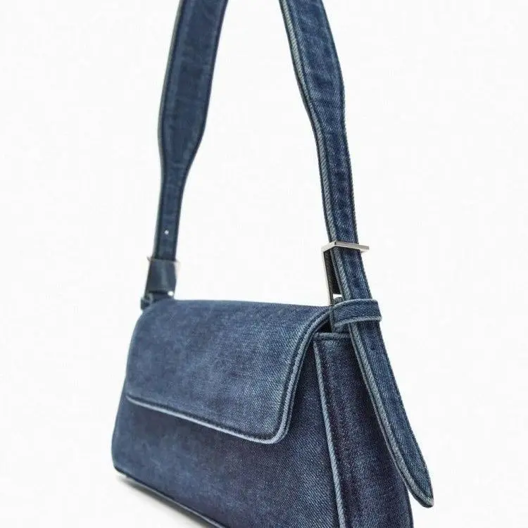 Bolsa jeans azul com aba feminina, senhora do escritório, bolsa de ombro com zíper macio, casual, meninas, nova moda, 2023