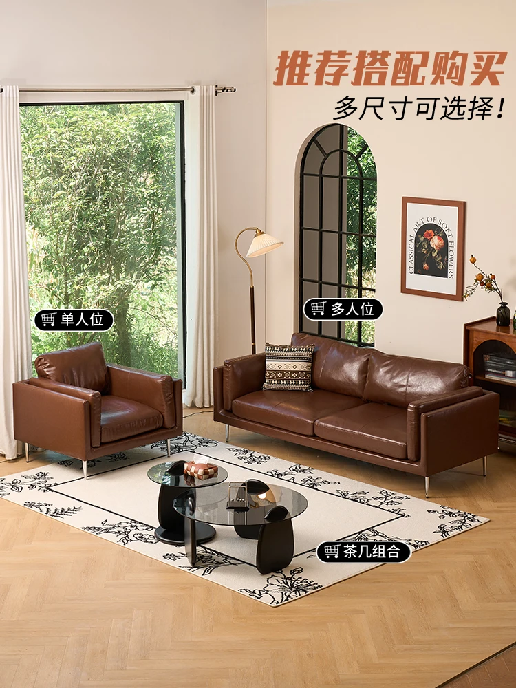 

Medieval sofa small apartment living room office sofa sitting area reception double three people brown retro oil wax leather