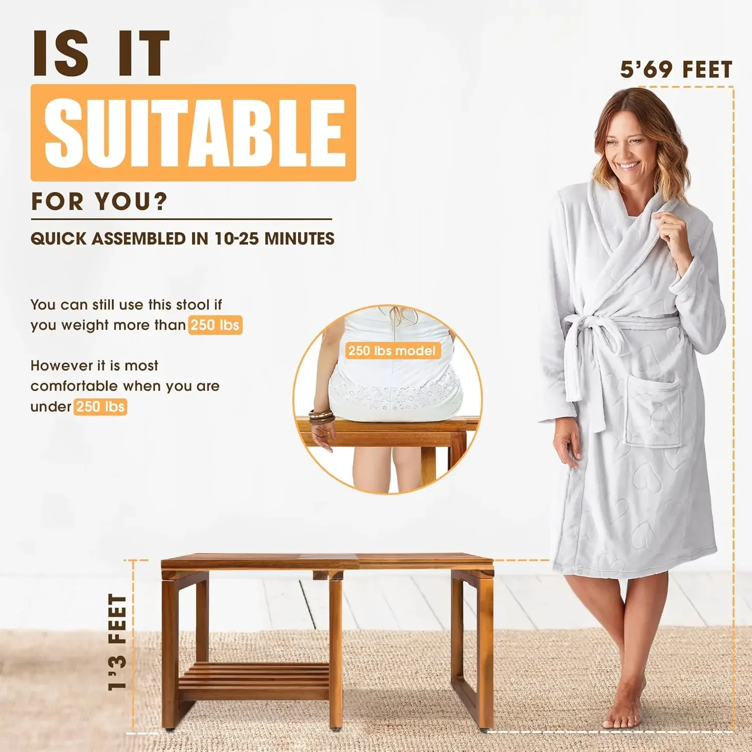 [XMSJ-مخزون محدود، اشتر الآن! ] كرسي استحمام بطول 29 بوصة قابل للتعديل مقاوم للماء مع رف تخزين لساق الحلاقة