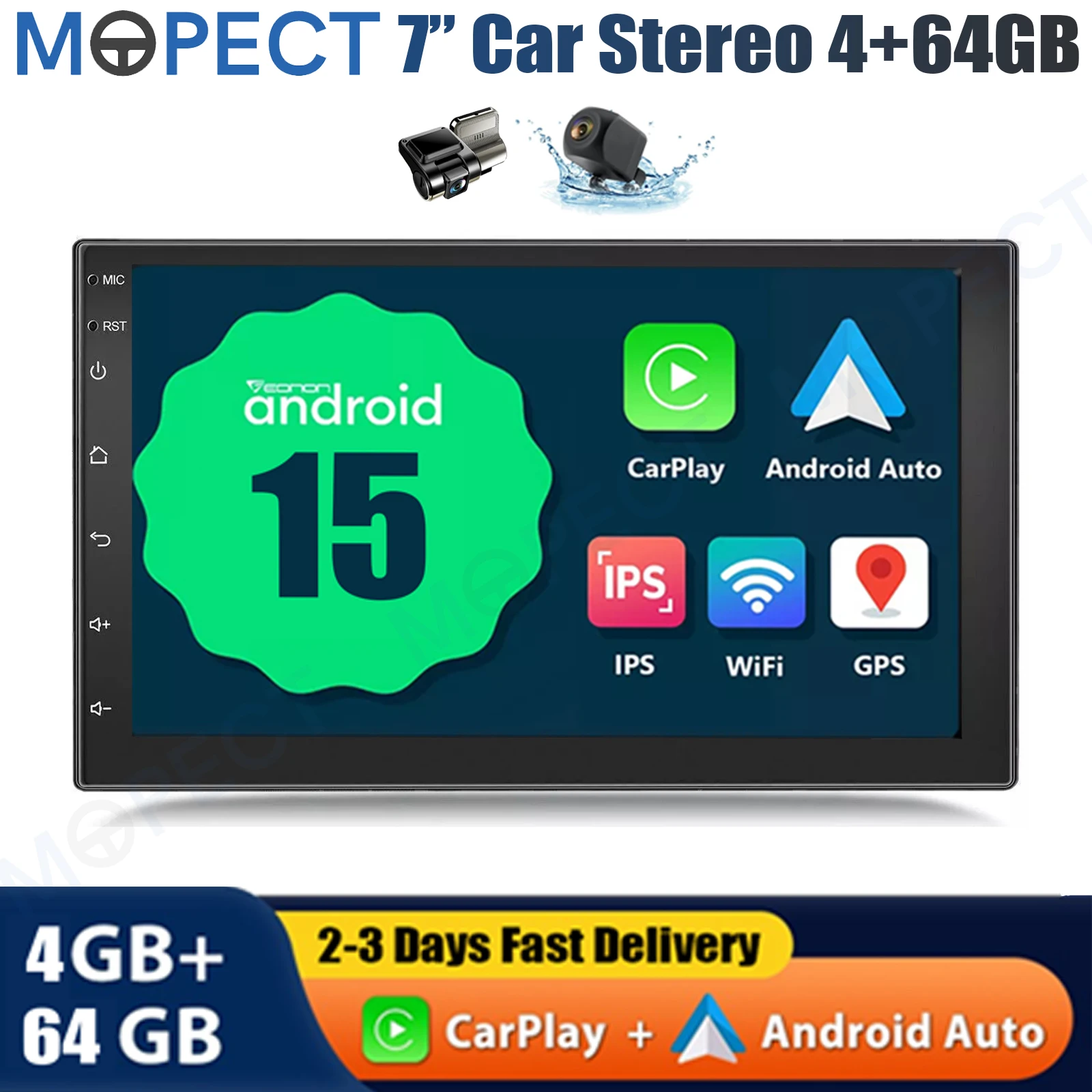 MOPECT 7 Inch Universele Autostereo Radio Dubbele 2 DIN Android 15 CarPlay 4+64G GPS Navigatie Touchscreen Bluetooth AM/FM SWC+DAB&AHD